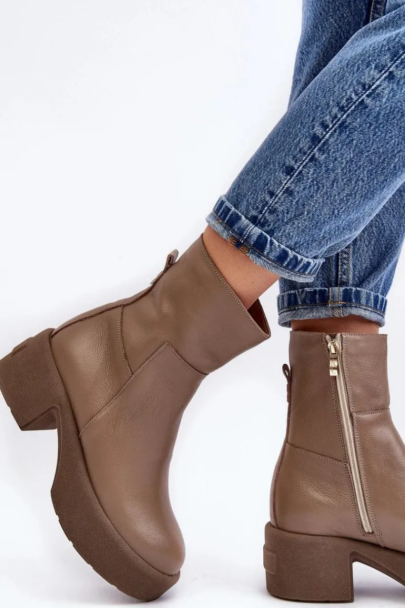 Botki Skórzane|Botki Sznurowane>Boto Skórzane Botki Na Niskim Obcasie Ciemnobeżowe Lemar Volavola