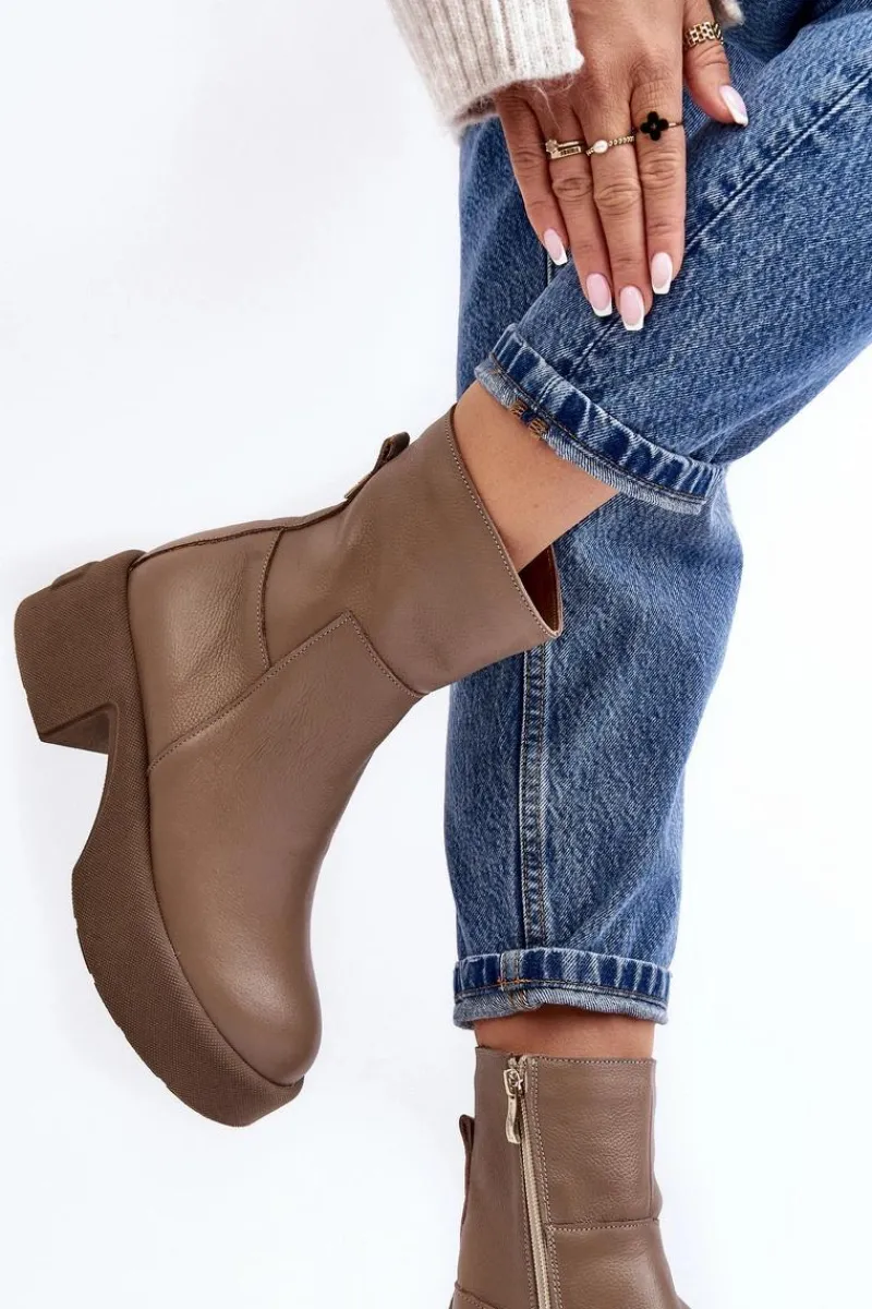 Botki Skórzane|Botki Sznurowane>Boto Skórzane Botki Na Niskim Obcasie Ciemnobeżowe Lemar Volavola