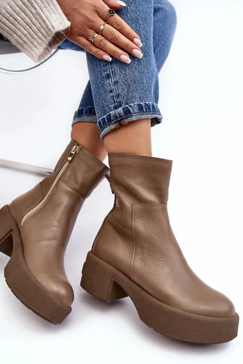 Botki Skórzane|Botki Sznurowane>Boto Skórzane Botki Na Niskim Obcasie Ciemnobeżowe Lemar Volavola