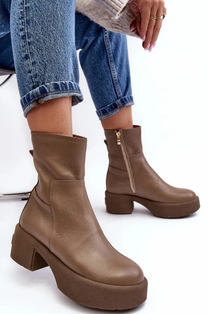 Botki Skórzane|Botki Sznurowane>Boto Skórzane Botki Na Niskim Obcasie Ciemnobeżowe Lemar Volavola