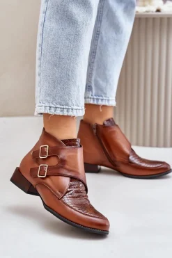 Online Skórzane Botki Na Niskim Obcasie Z Klamrami 06696-02 Brązowe Damskie Botki Ocieplane|Botki Maciejka