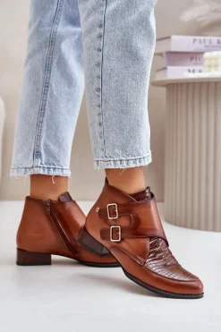 Online Skórzane Botki Na Niskim Obcasie Z Klamrami 06696-02 Brązowe Damskie Botki Ocieplane|Botki Maciejka