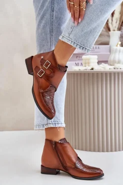 Online Skórzane Botki Na Niskim Obcasie Z Klamrami 06696-02 Brązowe Damskie Botki Ocieplane|Botki Maciejka