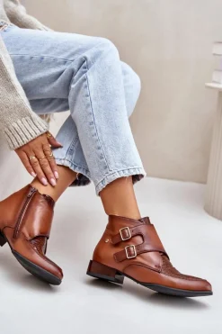 Online Skórzane Botki Na Niskim Obcasie Z Klamrami 06696-02 Brązowe Damskie Botki Ocieplane|Botki Maciejka