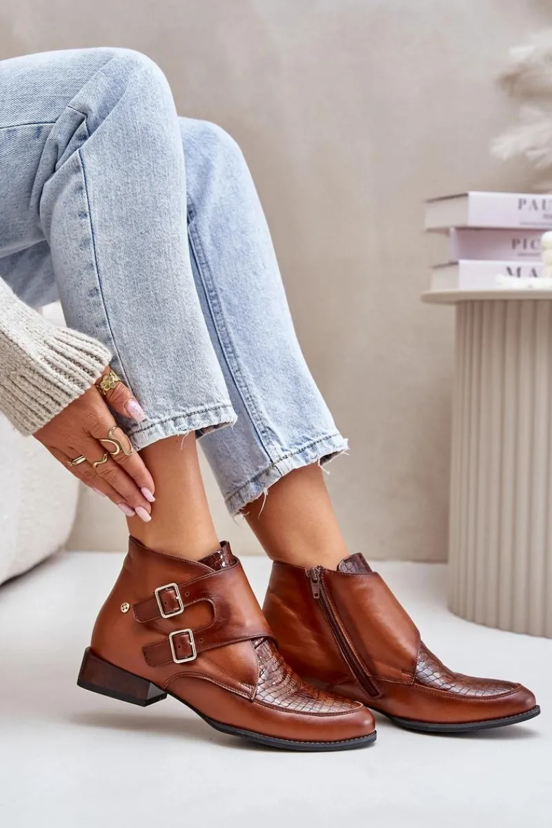 Online Skórzane Botki Na Niskim Obcasie Z Klamrami 06696-02 Brązowe Damskie Botki Ocieplane|Botki Maciejka