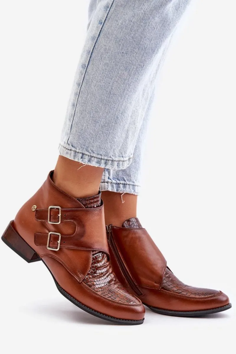 Online Skórzane Botki Na Niskim Obcasie Z Klamrami 06696-02 Brązowe Damskie Botki Ocieplane|Botki Maciejka