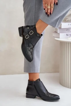 Botki Ocieplane|Botki Maciejka>Maciejka Skórzane Botki Na Niskim Obcasie Z Klamrami 06696-01 Czarne Czarny