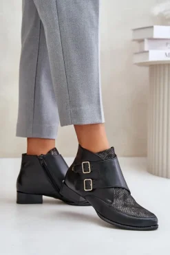 Botki Ocieplane|Botki Maciejka></noscript>Maciejka Skórzane Botki Na Niskim Obcasie Z Klamrami 06696-01 Czarne Czarny