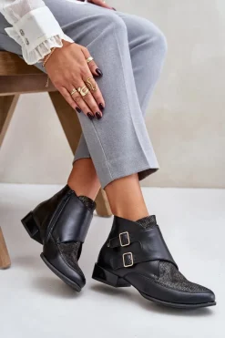 Botki Ocieplane|Botki Maciejka></noscript>Maciejka Skórzane Botki Na Niskim Obcasie Z Klamrami 06696-01 Czarne Czarny