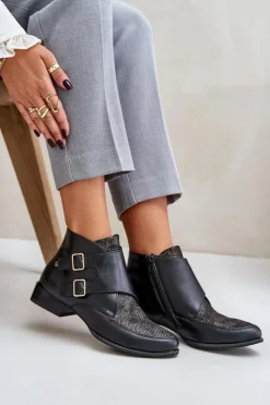 Botki Ocieplane|Botki Maciejka></noscript>Maciejka Skórzane Botki Na Niskim Obcasie Z Klamrami 06696-01 Czarne Czarny