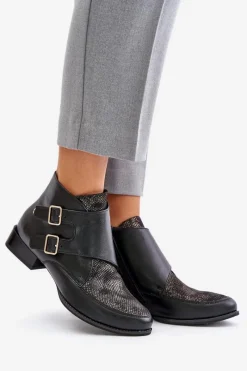 Botki Ocieplane|Botki Maciejka></noscript>Maciejka Skórzane Botki Na Niskim Obcasie Z Klamrami 06696-01 Czarne Czarny