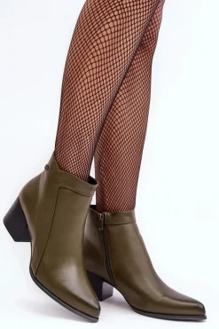 Sale Skórzane Botki Na Niskim Obcasie Oliwkowe Cidi Damskie Botki Zimowe Damskie|Botki Na Obcasie