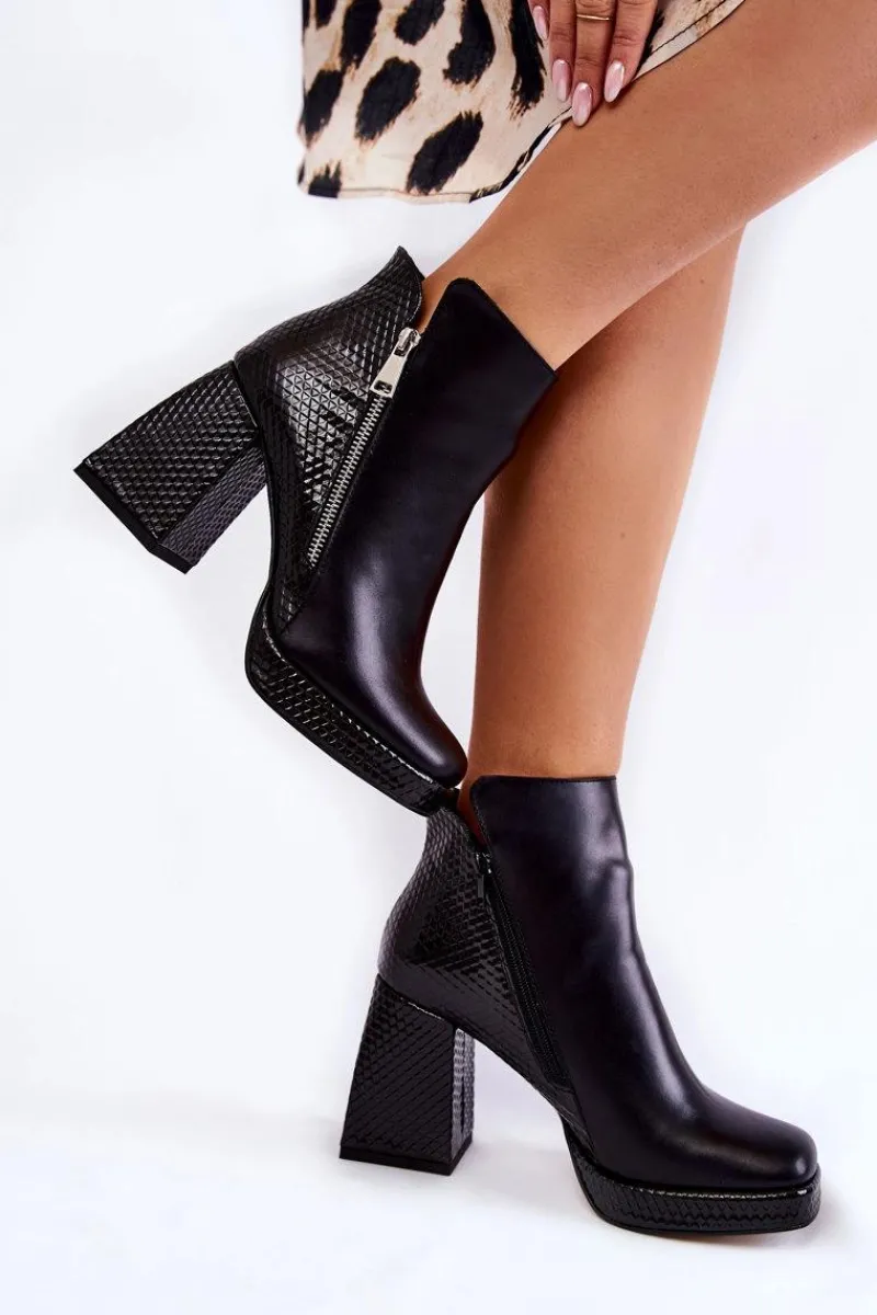 Hot Boto Skórzane Botki Na Obcasie Geometryczny Wzór Czarne Alienore