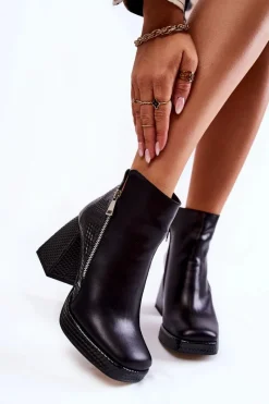 Hot Boto Skórzane Botki Na Obcasie Geometryczny Wzór Czarne Alienore