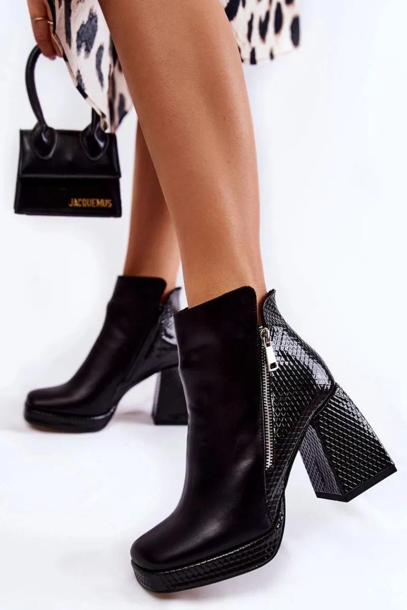 Hot Boto Skórzane Botki Na Obcasie Geometryczny Wzór Czarne Alienore
