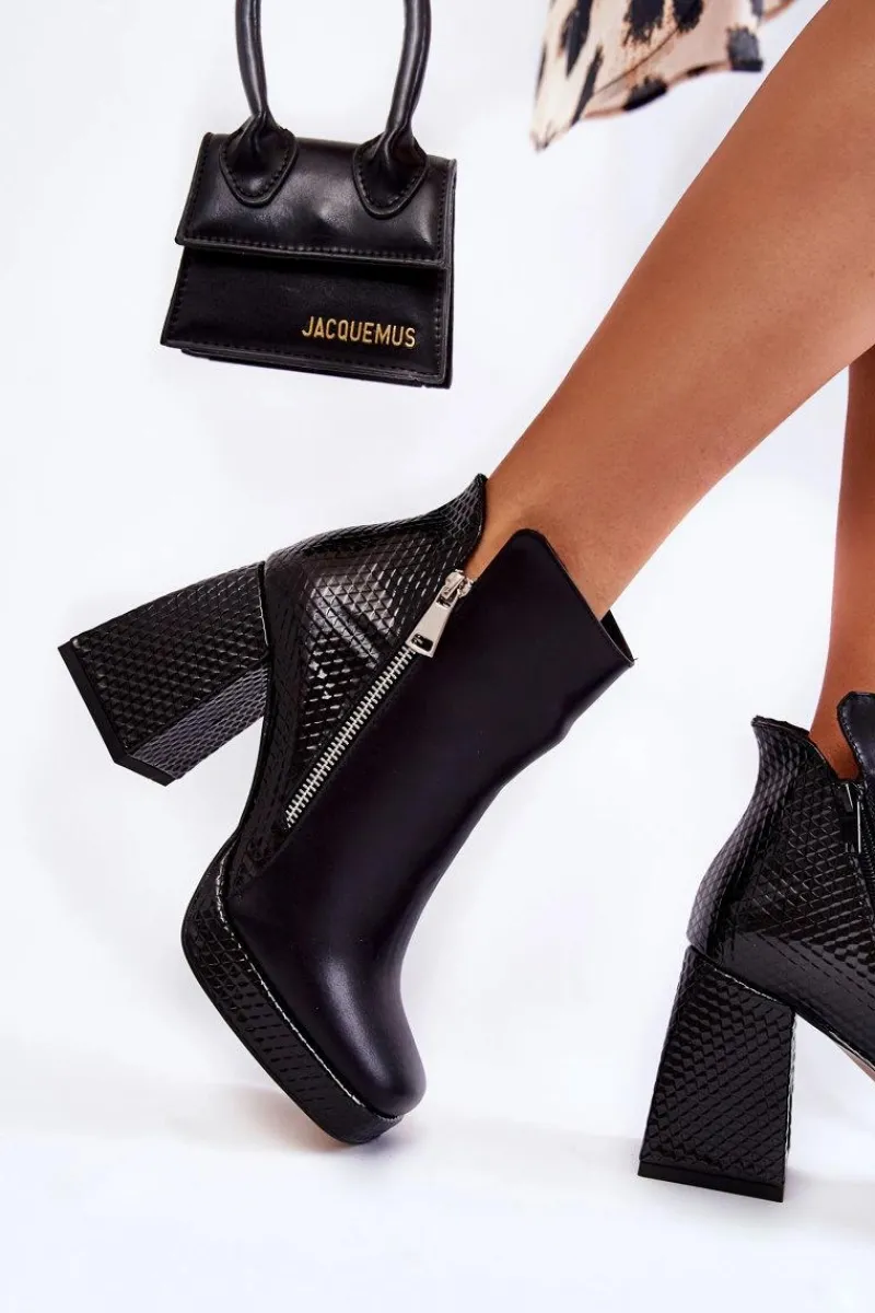 Hot Boto Skórzane Botki Na Obcasie Geometryczny Wzór Czarne Alienore