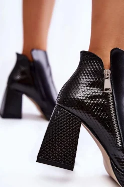 Hot Boto Skórzane Botki Na Obcasie Geometryczny Wzór Czarne Alienore
