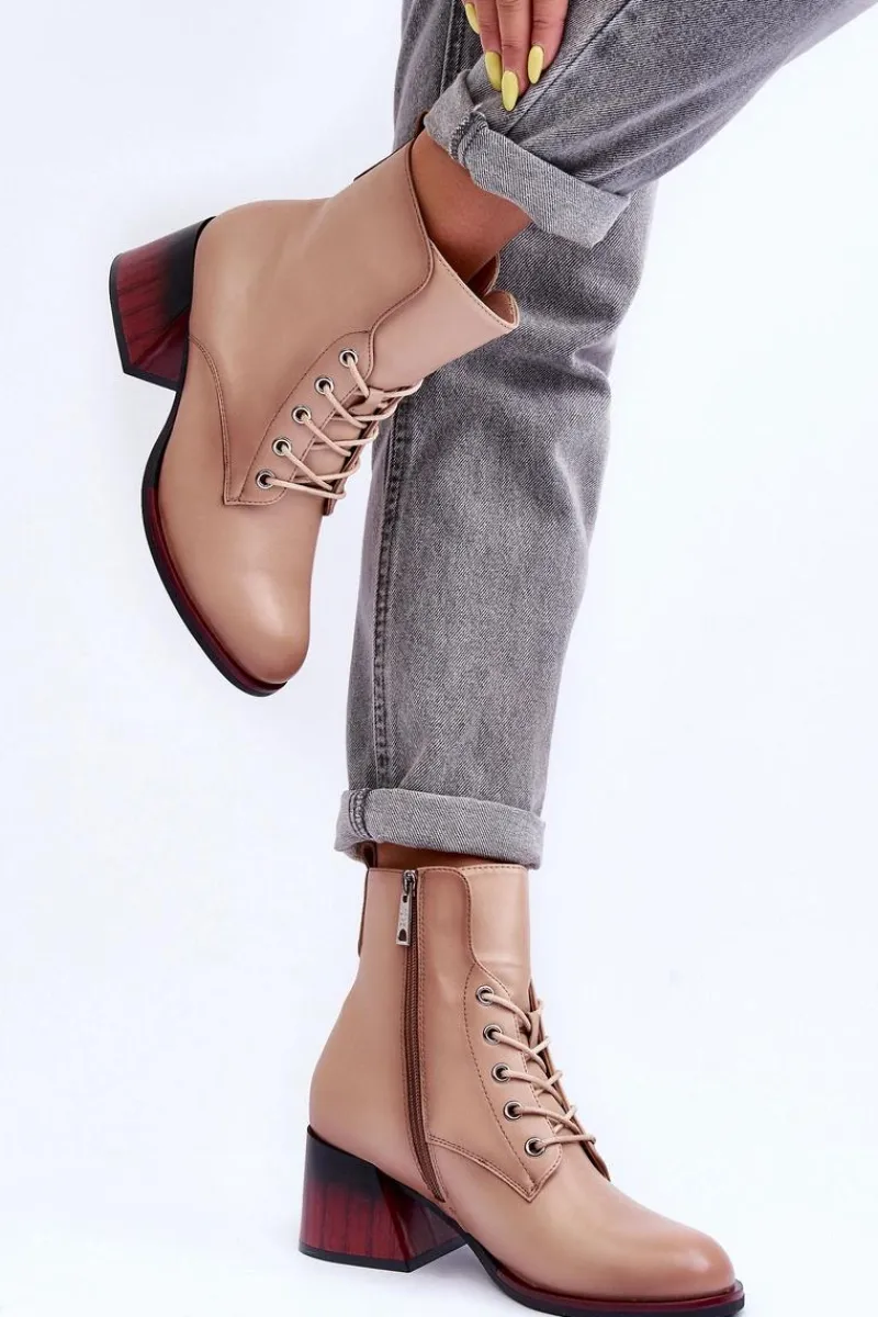 Outlet Buty damskie Vinceza Skórzane Botki Na Obcasie Beżowe Luloshe