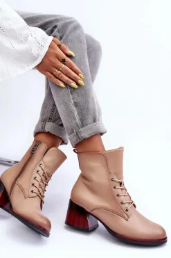 Outlet Buty damskie Vinceza Skórzane Botki Na Obcasie Beżowe Luloshe