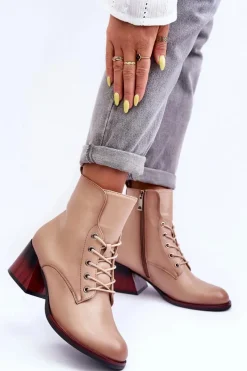 Outlet Buty damskie Vinceza Skórzane Botki Na Obcasie Beżowe Luloshe