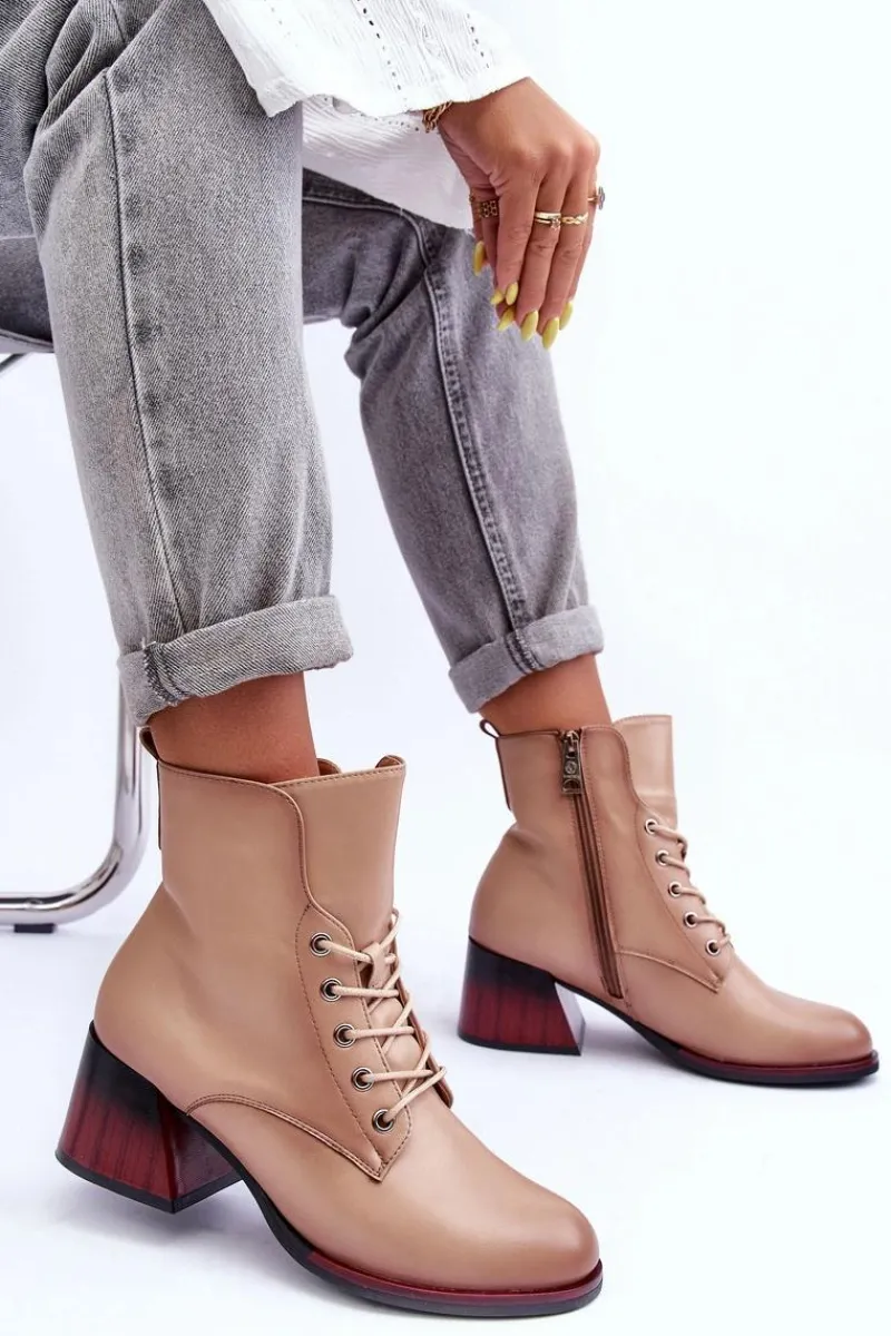 Outlet Buty damskie Vinceza Skórzane Botki Na Obcasie Beżowe Luloshe