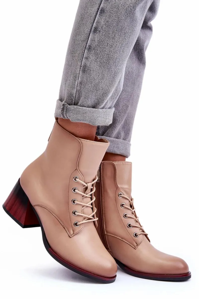 Outlet Buty damskie Vinceza Skórzane Botki Na Obcasie Beżowe Luloshe