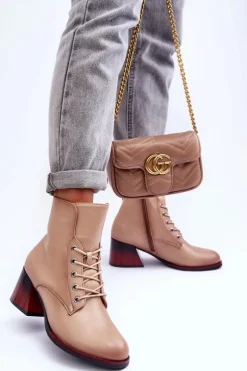 Outlet Buty damskie Vinceza Skórzane Botki Na Obcasie Beżowe Luloshe