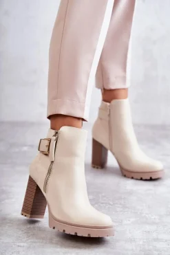 Boto Skórzane Botki Na Obcasie Z Ozdobnym Zamkiem Beżowe Rosita