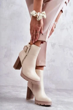 Boto Skórzane Botki Na Obcasie Z Ozdobnym Zamkiem Beżowe Rosita