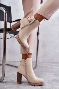 Boto Skórzane Botki Na Obcasie Z Ozdobnym Zamkiem Beżowe Rosita