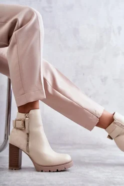 Boto Skórzane Botki Na Obcasie Z Ozdobnym Zamkiem Beżowe Rosita