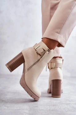Boto Skórzane Botki Na Obcasie Z Ozdobnym Zamkiem Beżowe Rosita