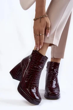 Botki Zimowe Damskie|Botki Na Obcasie>Boto Skórzane Botki Na Obcasie Krokodyli Wzór Bordowe Alienore