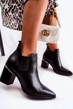 Clearance Skórzane Botki Na Obcasie 2506 Czarne Damskie Botki Wiosenne|Botki Na Słupku