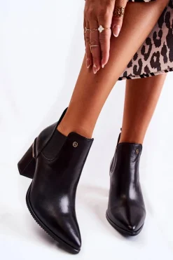 Clearance Skórzane Botki Na Obcasie 2506 Czarne Damskie Botki Wiosenne|Botki Na Słupku