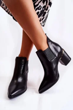 Clearance Skórzane Botki Na Obcasie 2506 Czarne Damskie Botki Wiosenne|Botki Na Słupku