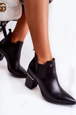 Clearance Skórzane Botki Na Obcasie 2506 Czarne Damskie Botki Wiosenne|Botki Na Słupku