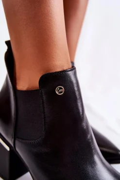 Clearance Skórzane Botki Na Obcasie 2506 Czarne Damskie Botki Wiosenne|Botki Na Słupku