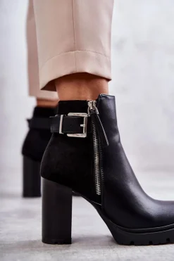 Discount Skórzane Botki Na Obcasie Z Ozdobnym Zamkiem Czarne Rosita Damskie Botki Na Słupku|Czarne Botki