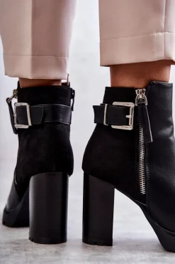 Discount Skórzane Botki Na Obcasie Z Ozdobnym Zamkiem Czarne Rosita Damskie Botki Na Słupku|Czarne Botki