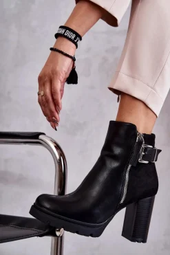 Discount Skórzane Botki Na Obcasie Z Ozdobnym Zamkiem Czarne Rosita Damskie Botki Na Słupku|Czarne Botki