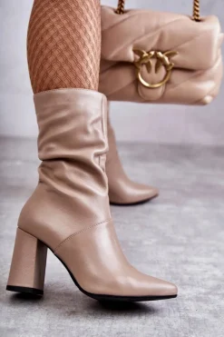 Best Laura Messi Skórzane Botki Na Obcasie 2560 Beżowe