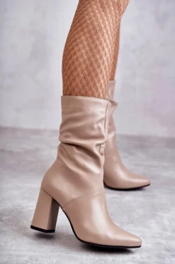 Best Laura Messi Skórzane Botki Na Obcasie 2560 Beżowe