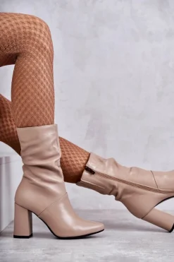 Best Laura Messi Skórzane Botki Na Obcasie 2560 Beżowe