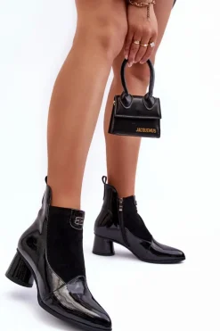 Online Skórzane Botki Na Obcasie S.Barski MR870-96 Czarne Damskie Czarne Botki|Botki Zimowe Damskie