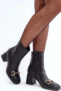 Best Skórzane Botki Na Obcasie Z Ozdobą Czarne Pamelinta Damskie Botki Na Słupku|Czarne Botki