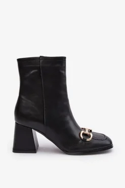 Best Skórzane Botki Na Obcasie Z Ozdobą Czarne Pamelinta Damskie Botki Na Słupku|Czarne Botki