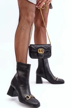 Best Skórzane Botki Na Obcasie Z Ozdobą Czarne Pamelinta Damskie Botki Na Słupku|Czarne Botki