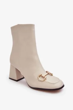 Botki Na Słupku|Brązowe I Beżowe Botki>Boto Skórzane Botki Na Obcasie Z Ozdobą Beżowe Pamelinta