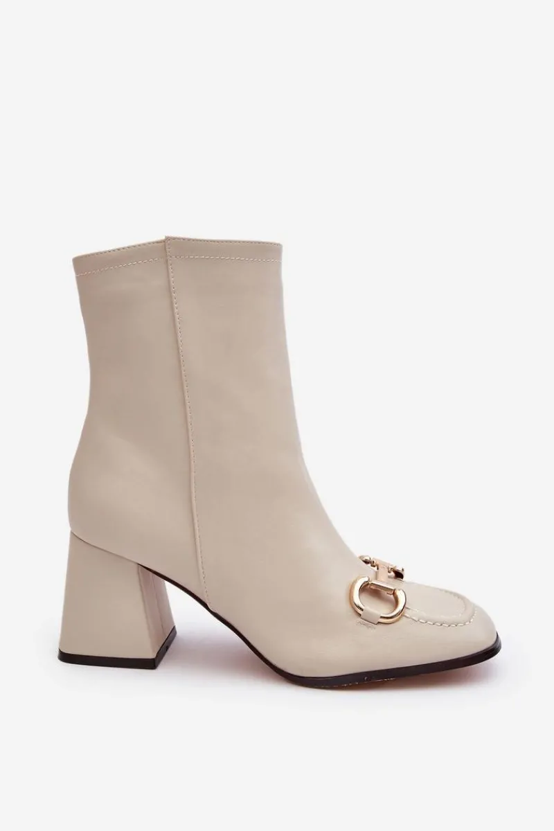 Botki Na Słupku|Brązowe I Beżowe Botki>Boto Skórzane Botki Na Obcasie Z Ozdobą Beżowe Pamelinta